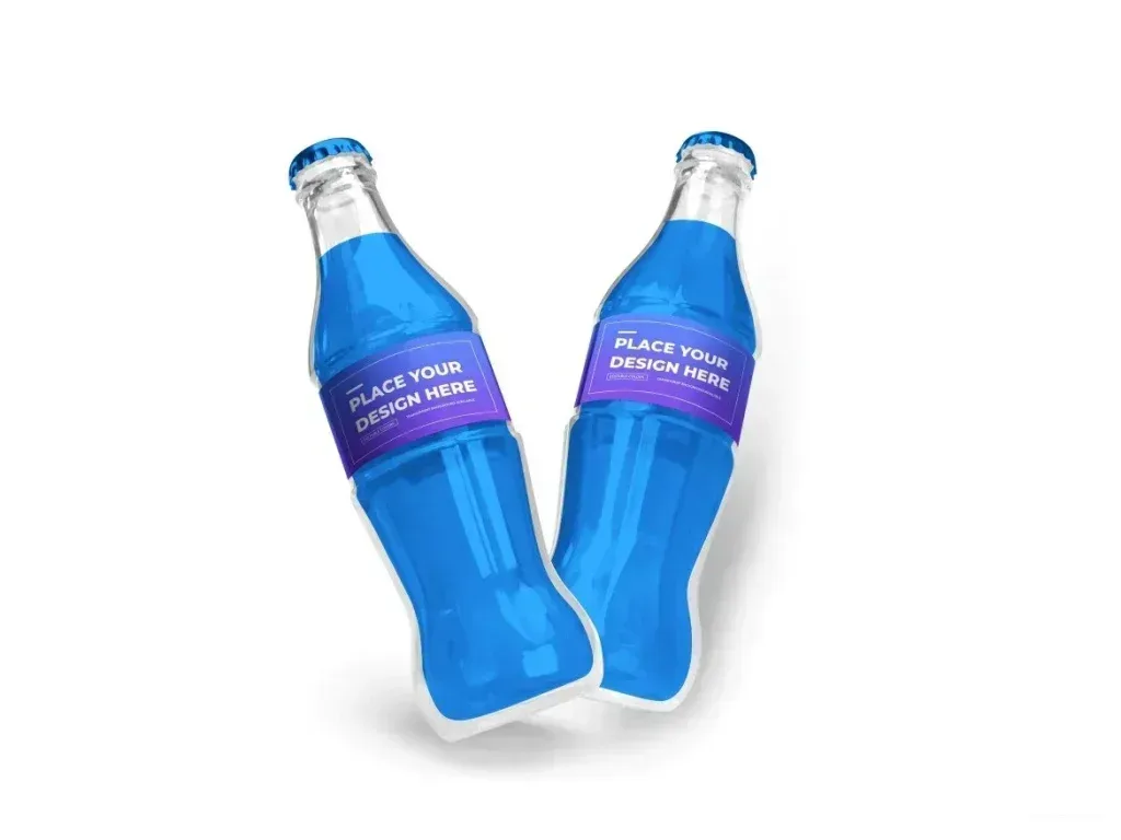 PSD Mockup Soft Drink Bottle, Two clear glass soft drink bottles with blue liquid and purple labels