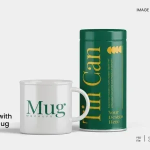 Tin Can with Mug Set Mockup PSD Tin Can with Mug Set Mockup PSD