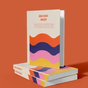 PSD Mockup Book Covers Design, Stack of books with colorful wavy pattern on covers against orange background