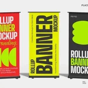 PSD Mockup Roll Up Banner, Three roll up banner mockups with red, yellow, and black backgrounds