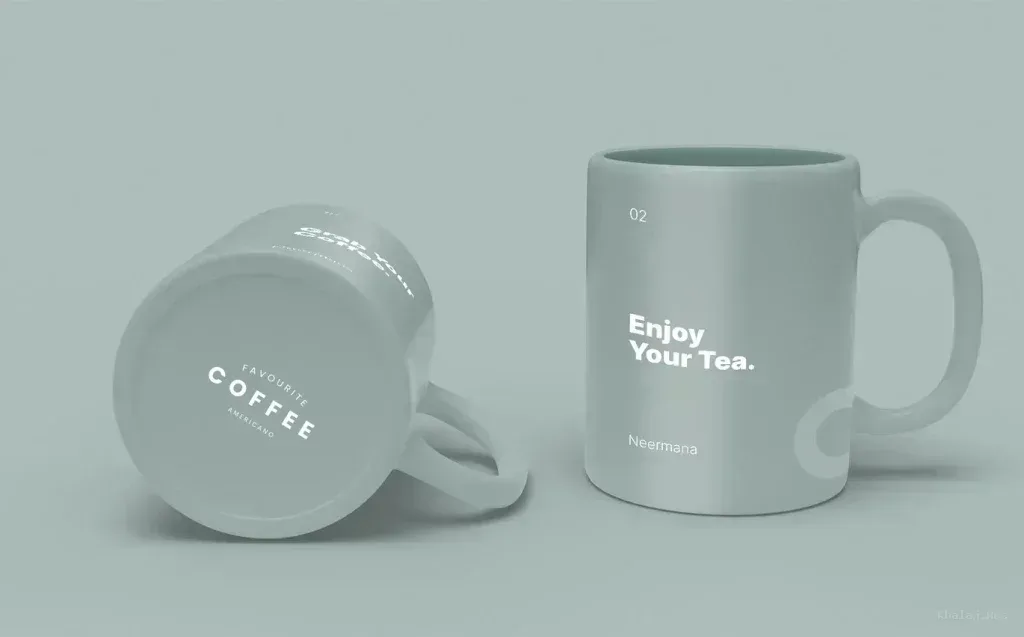 PSD Mockup Two Mugs Template Pack, Two gray mugs with white text, one upright and one lying on its side