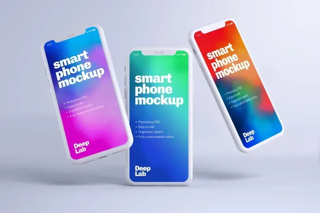 PSD Mockup iPhone 11 Pro, Three white iPhone 11 Pro clay mockups with colorful gradient screens