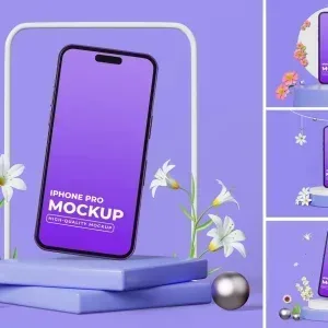 PSD Mockup Phone Spring Scene, Phone mockup with spring flowers on purple background