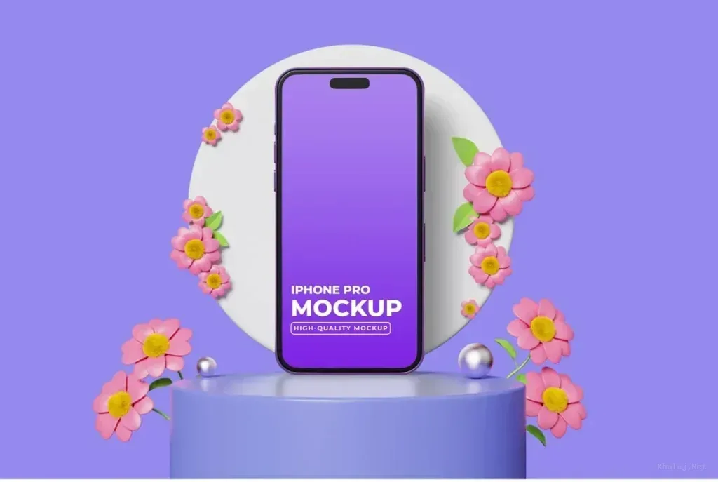 PSD Mockup Phone Spring Scene, Phone mockup with purple screen and pink spring flowers on purple background