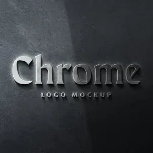 PSD Mockup Chrome Logo Display, Chrome logo mockup with metallic finish on dark textured background