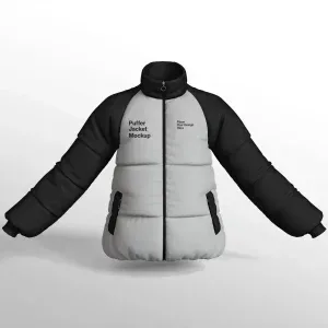 PSD Mockup Puffer Jacket Design, Black and gray puffer jacket front view with zipper and pockets