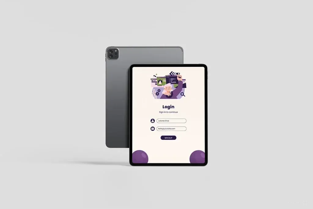 PSD Mockup iPad Pro High, Front and back view of a gray iPad Pro with login screen on display