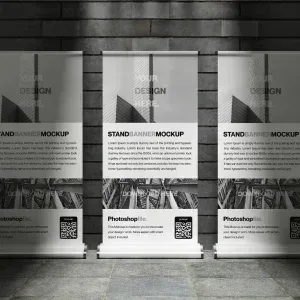 PSD Mockup Stand Banner Display, Three realistic stand banner mockups with architectural design and text on a tiled floor
