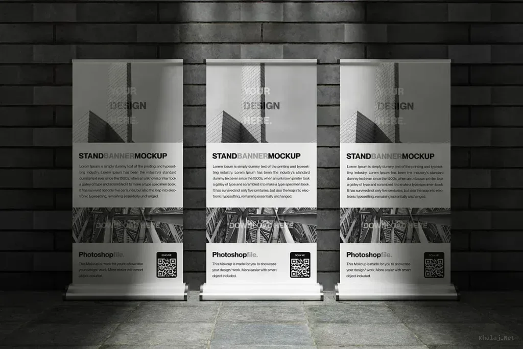 PSD Mockup Stand Banner Display, Three realistic stand banner mockups with architectural design on a tiled floor against a…