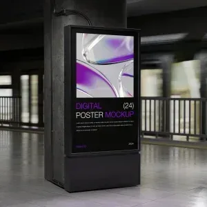 PSD Mockup Digital Poster with Smart, Digital poster mockup displayed on a black vertical stand in a subway station