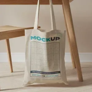 PSD Mockup Tote Bag Wooden, Canvas tote bag hanging on wooden chair leg with grid design and text