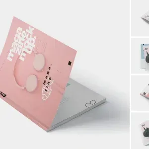 PSD Mockup Magazine Set with Realistic, Open magazine with pink cover featuring headphones and minimalist design