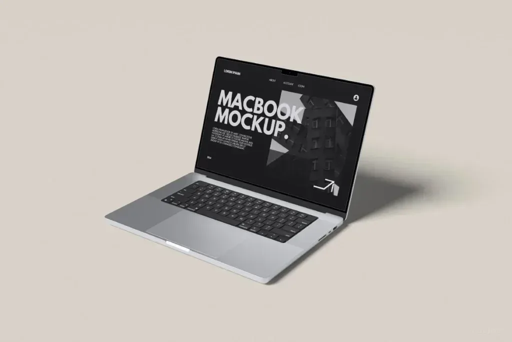 PSD Mockup Macbook High, Open Macbook laptop showing a black screen with Macbook mockup text