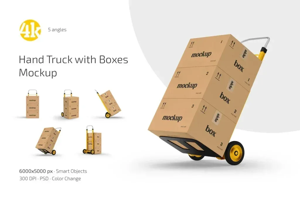 PSD Mockup Hand Truck Boxes Presentation with Set