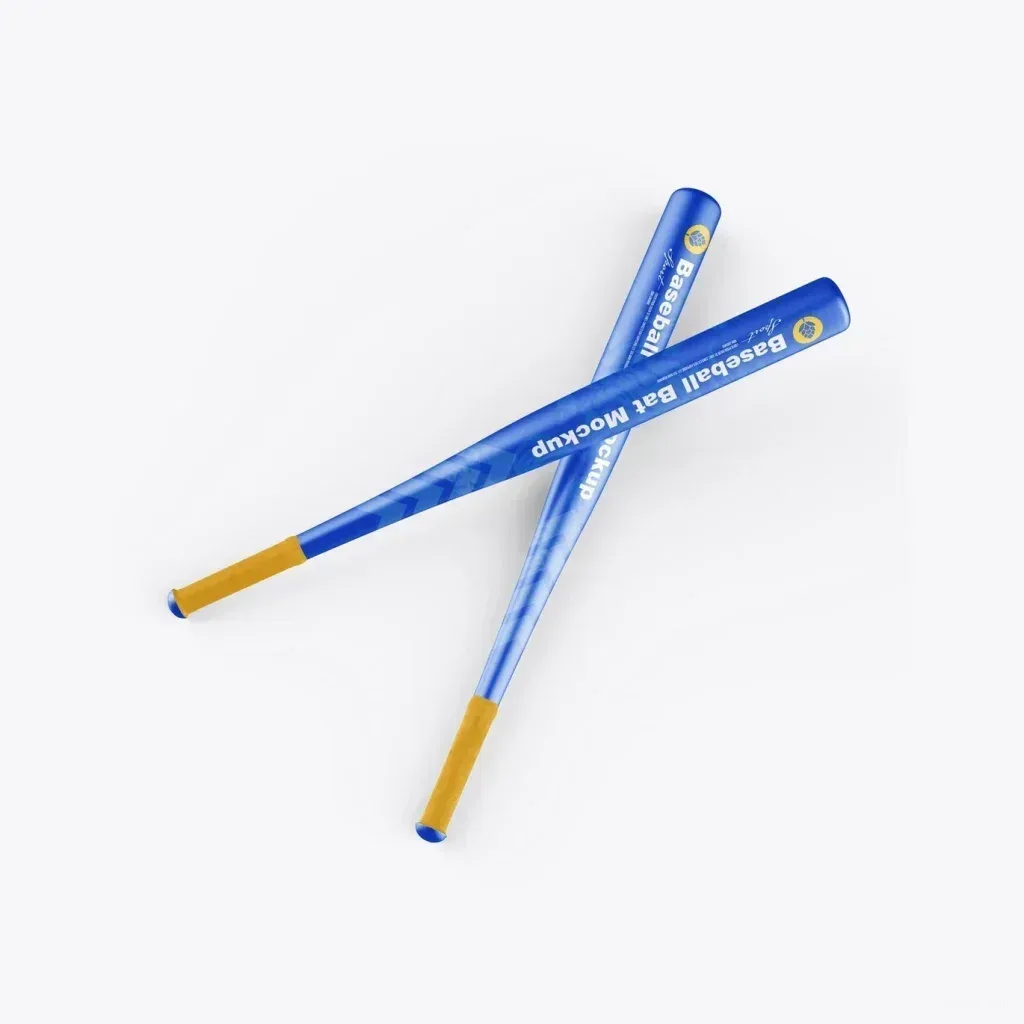 PSD Mockup Metallic Baseball Bat, Two blue metallic baseball bats with yellow grips on white background