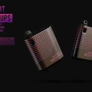 PSD Mockup Vape Product Display, Two black vape devices with pink wave patterns floating on black background