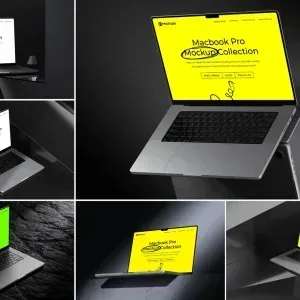 PSD Mockup Laptop Device Presentation, Realistic laptop PSD mockup showing MacBook Pro in various angles with different…