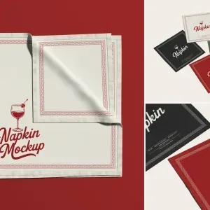 PSD Mockup Napkin Branding Display, Set of folded napkins with red border and cocktail glass logo on red and white…