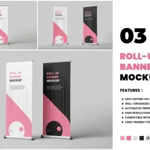PSD Mockup High Resolution Roll, Two roll-up banners with pink and black geometric designs on gray background
