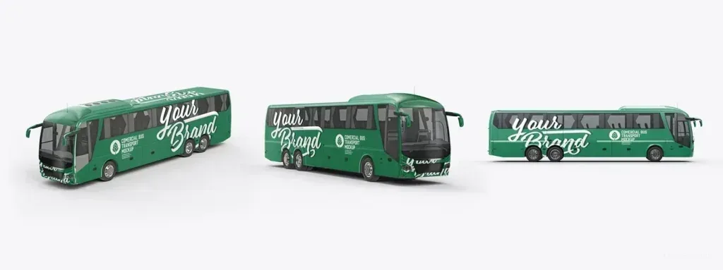 PSD Mockup Public Transport Bus, Green public transport bus mockup with Your Brand text on side and front views