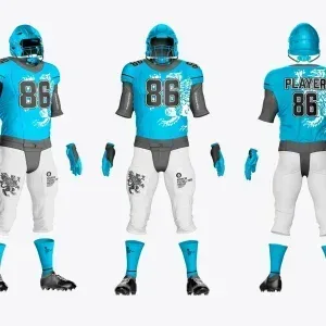 PSD Mockup American Football Outfit, American football outfit mockup with blue jersey and white pants shown from three angles