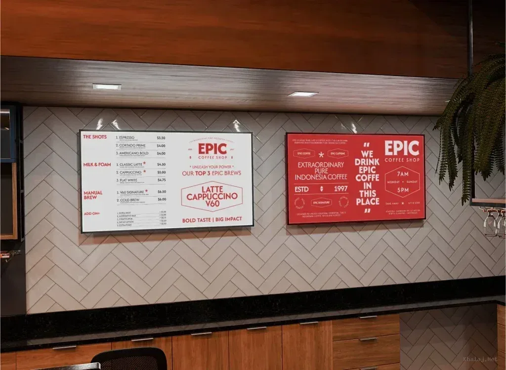 PSD Mockup Realistic Menu Board, Two wall-mounted menu boards in a coffee shop with detailed coffee options and prices