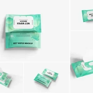 PSD Mockup Wett Wipes, Green packaging of wet wipes with white label and black text on a white background