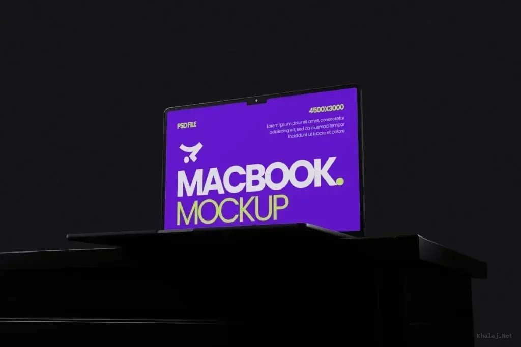 PSD Mockup Macbook Branding for, Macbook laptop with purple screen showing PSD mockup branding text