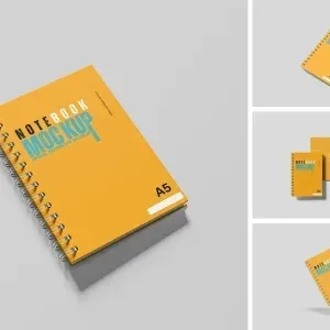 PSD Mockup Notebook High, Yellow spiral notebook with A5 size label on gray background