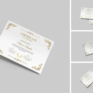 PSD Mockup Certificate Branding Design, Elegant certificate with gold decorative borders on a light background