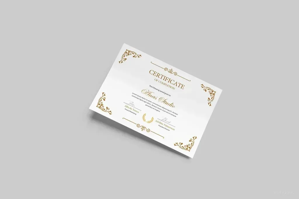 PSD Mockup Certificate Branding Design, Elegant certificate with gold decorative corners on a gray background