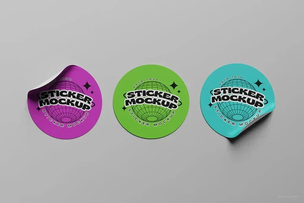 PSD Mockup Sticker High, Three round stickers in purple, green, and blue with sticker mockup text and globe design