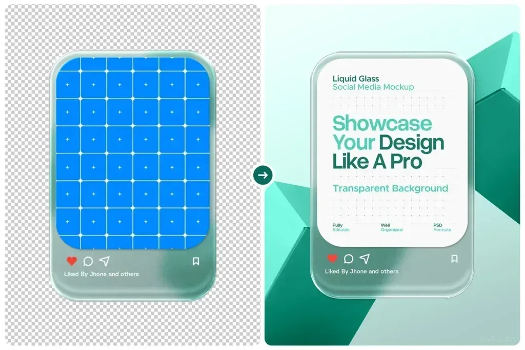 PSD Mockup Liquid Glass Social Media Instagram, Liquid glass style social media Instagram post mockup with transparent…