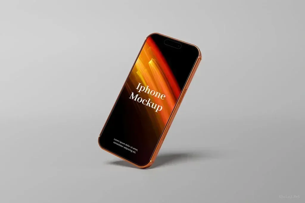 PSD Mockup Realistic Phone iPhone, Realistic iPhone 17 mockup with orange frame on gray background