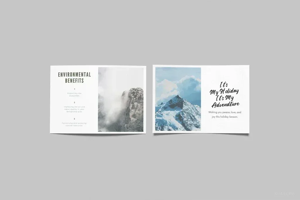PSD Mockup A5 Landscape Flyer, Open A5 landscape flyer with mountain images and environmental text