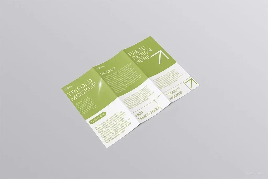 PSD Mockup Trifold Brochure, Green and white trifold brochure mockup with text and arrow design