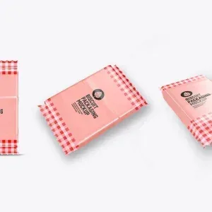 PSD Mockup Sweet Biscuit Packaging, Three pink biscuit packages with red and white checkered edges on white background