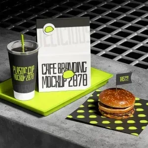 PSD Mockup Cafe Branding Realistic, Burger with sesame bun on branded paper next to plastic cup and paper bag on green tray