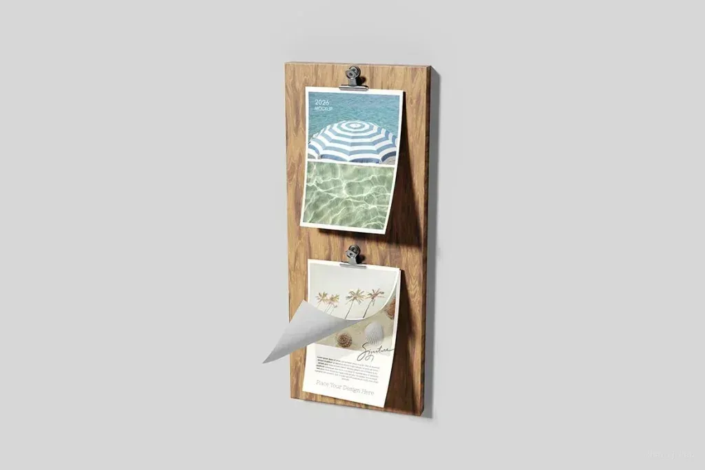 PSD Mockup Wood Frame Logo Display, Wooden board with two clipped photos showing beach scenes