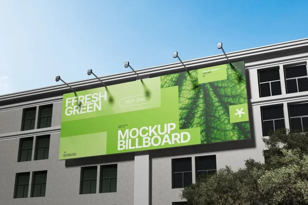 PSD Mockup Billboard Building Sign, Green billboard mounted on building facade with modern design