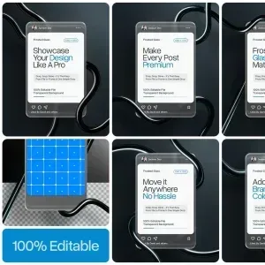 PSD Mockup Frosted Glass Instagram, Frosted glass Instagram post mockup with black curved tubes on dark background