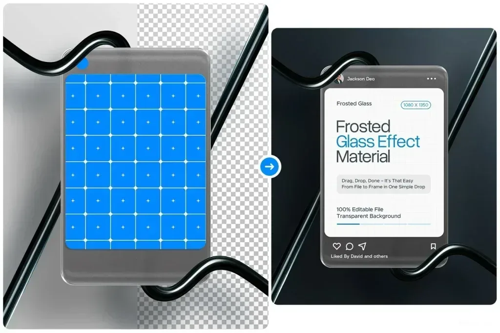PSD Mockup Frosted Glass Instagram, Instagram post mockup with frosted glass effect on dark background