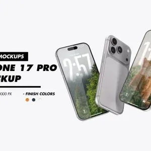PSD Mockup iPhone 17 Pro, Three silver iPhone 17 Pro devices showing front and back views with nature and cat wallpapers