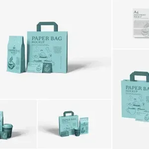 PSD Mockup Coffee Branding Packaging, Coffee branding packaging set with paper bag, coffee bag, paper cup, and business…