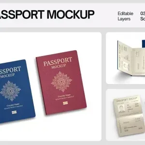 PSD Mockup Passport Cover Social Media International, Two passport covers in blue and red with decorative emblem and text