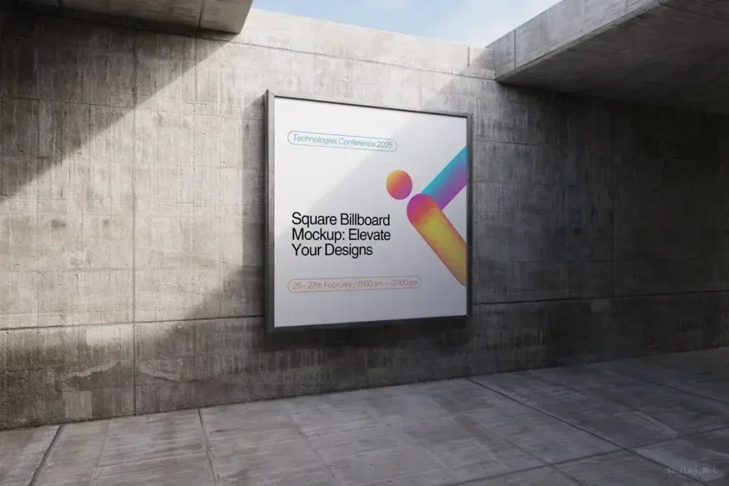 PSD Mockup Square Billboard, Square billboard mockup mounted on concrete wall with colorful design and text