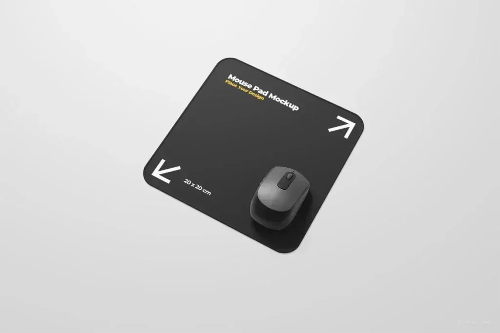 PSD Mockup Mouse Pad Design, Black mouse pad with wireless mouse on light gray background