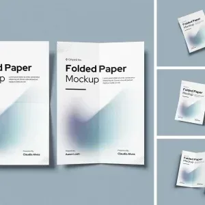 PSD Mockup Folded Paper Design, Two folded paper mockups with gradient design on gray background
