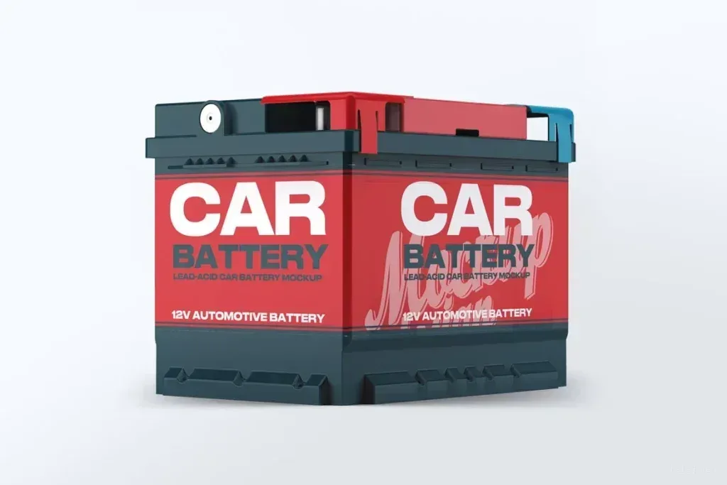 PSD Mockup Car Battery Design, Red and black car battery with visible terminals and label