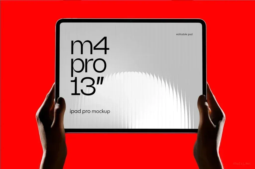 PSD Mockup Hand Holding iPad, Hands holding iPad Pro with m4 pro 13 inch text on screen against red background